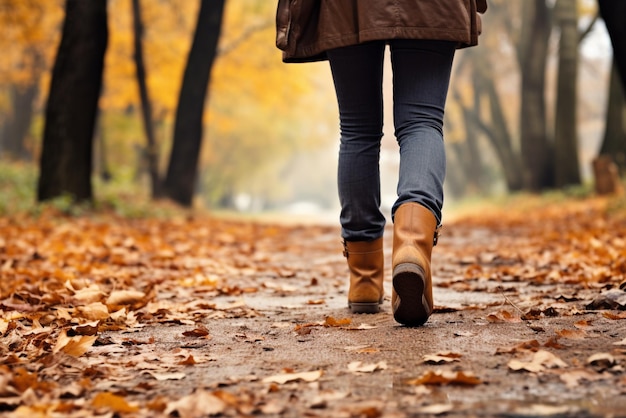 Foto pies y pies caminando en el parque de otoño