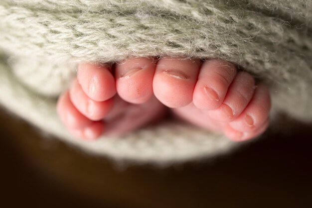 Pies suaves de un recién nacido en una manta de lana blanca Primer plano de los talones de los dedos de los pies y los pies de un bebé recién nacido El pequeño pie de un recién nacido Estudio Fotografía macro Pies de bebé cubiertos con fondo aislado