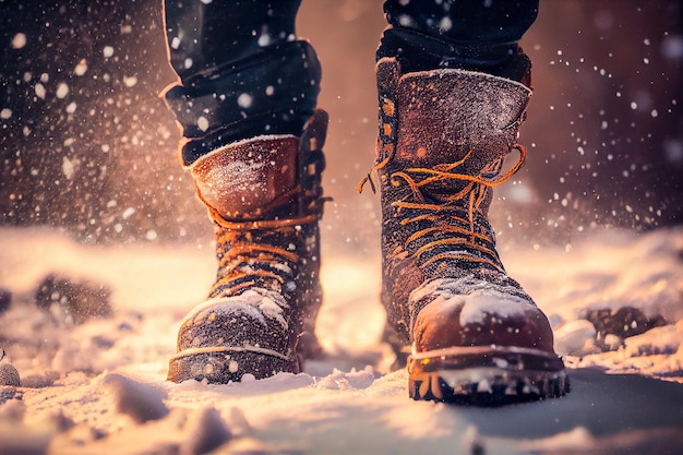 Pies en zapatos en invierno sobre un fondo de nieve IA generativa IA generativa