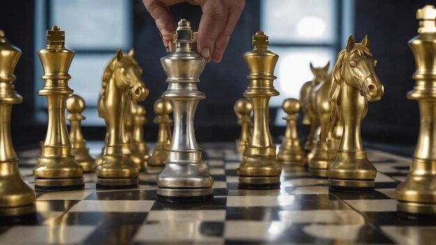 La pieza de ajedrez del caballero del caballo dorado de pie frente a las piezas de peón de plata en el chasquido hexagonal de plata