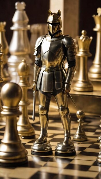La pieza de ajedrez del caballero del caballo dorado de pie frente a las piezas de peón de plata en un hexágono de plata