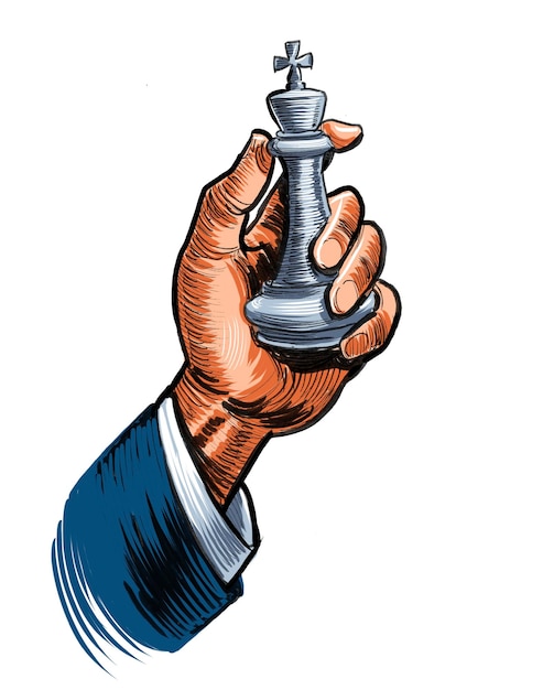 Pieza de ajedrez con la mano Dibujada a mano con tinta en papel y coloreada a mano en tableta