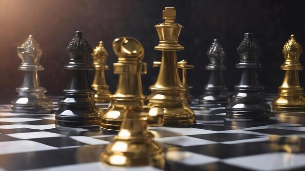 La pieza de ajedrez de peón dorado de pie en el medio de las piezas de ajedres de peón plateado del grupo en el hexágono patt