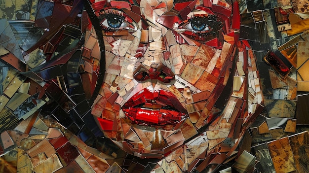 una pieza de arte colorida con la cara de una mujer y un labio rojo