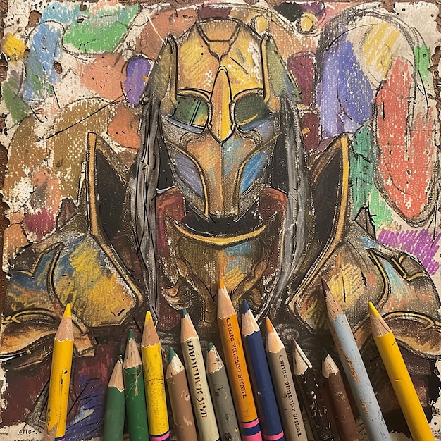 una pieza de arte con un dibujo de una persona con fondo viejo y fresco