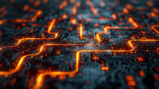 una pieza de arte digital con líneas brillantes naranjas y un fondo rojo