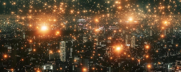 Foto una pieza de arte digital que muestra una red de conexiones neuronales iluminadas sobre un paisaje urbano que simboliza el papel de la ia en la planificación urbana