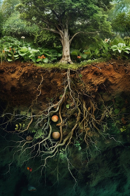 Foto una pieza de arte digital que muestra una serie de raíces interconectadas bajo tierra