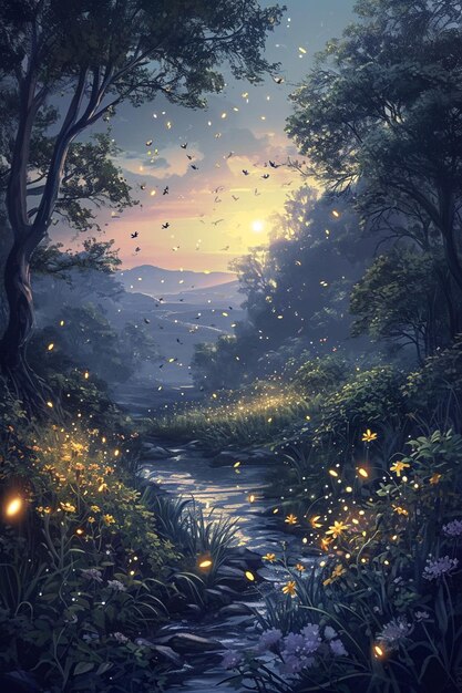 una pieza de arte que representa una escena serena del crepúsculo con luciérnagas iluminando un prado