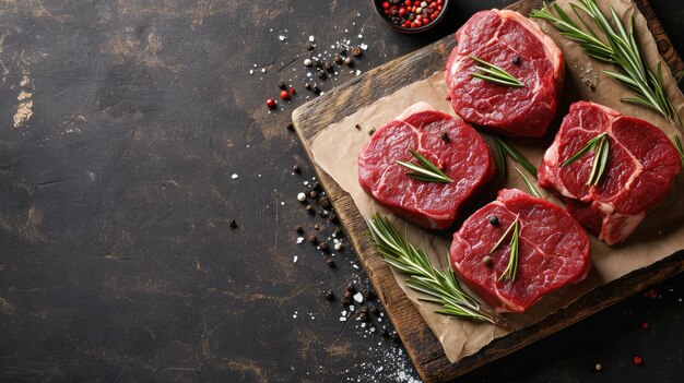 Foto pieza de bistec de carne de bisonte envejecida en seco como primer plano con hierbas y especias en fondo negro con espacio de copia