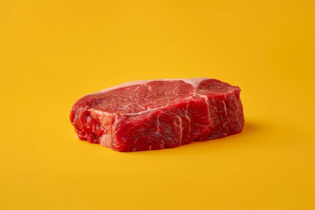 una pieza de carne de res se muestra en un fondo amarillo