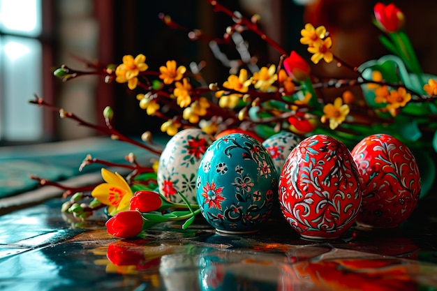 Foto una pieza central de pascua arreglada con huevos de pascua y flores recién cortadas