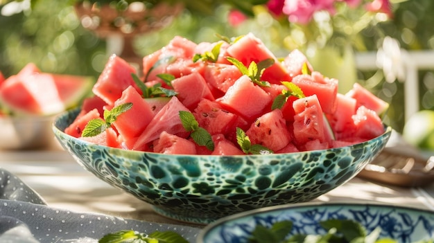 La pieza central del picnic un gran cuenco de coloridas y refrescantes rebanadas de sandía adornadas