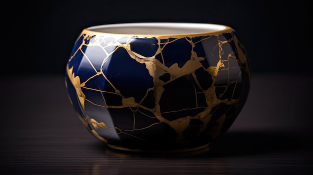 Una pieza de cerámica que ha sido reparada con el arte kintsugi dorado con tecnología de IA generativa