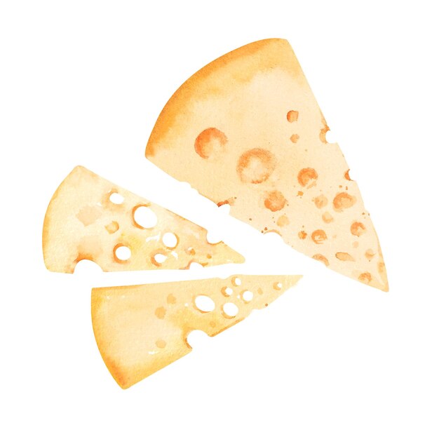 Pieza entera y rebanadas de queso amarillo con agujeros Ilustración de acuarela dibujada a mano
