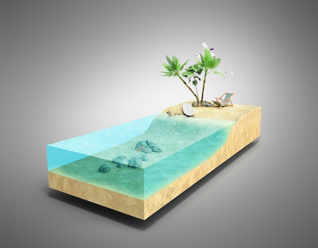 Pieza de isla tropical con agua y palmeras en una playa en sección transversal Ilustración 3D de viaje inusual aislada en gris