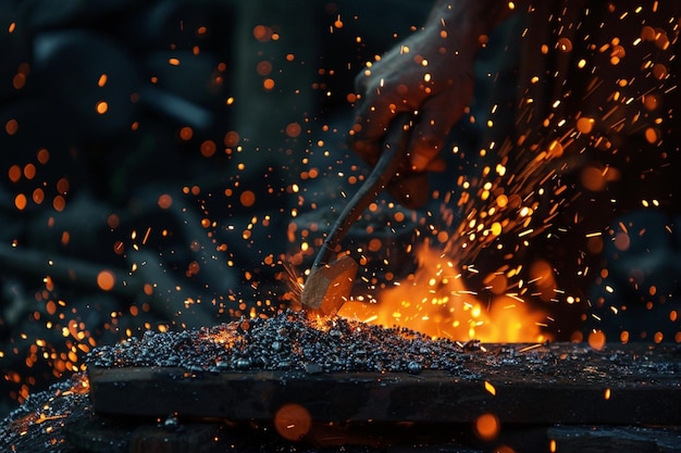 una pieza metálica con chispas y chispas que se utilizan para crear una pieza de metal