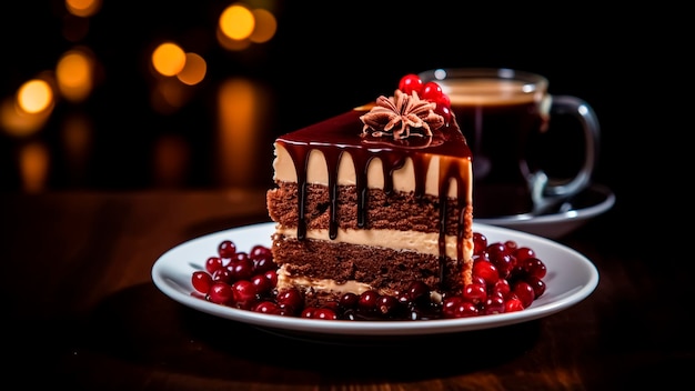 Pieza de pastel de chocolate con arándanos y café en una mesa de madera Concepto de pastel Concepto de comida