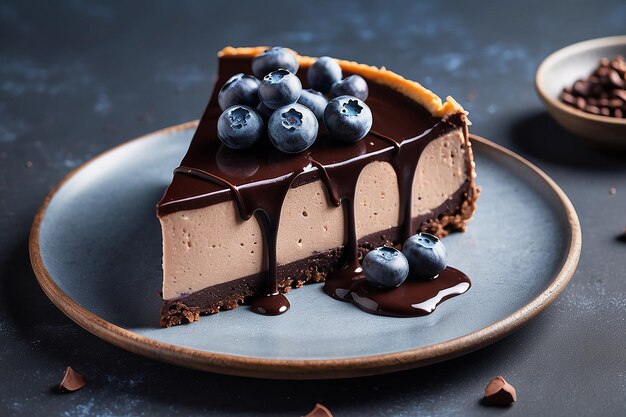 Pieza de pastel de queso de chocolate con arándanos frescos y chocolate IA generativa