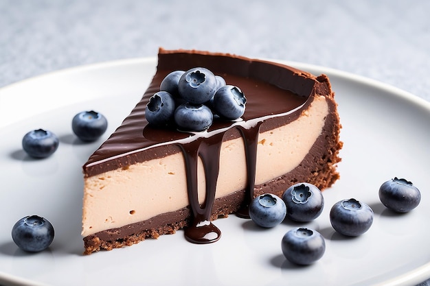 Pieza de pastel de queso de chocolate con arándanos frescos y chocolate IA generativa