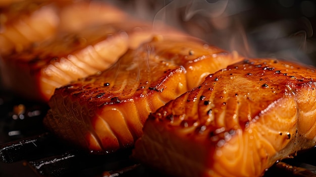 Pieza de pescado rojo salmón atún frito cocinado en una sartén de aceite de parrilla Diseño de fondo de bandera