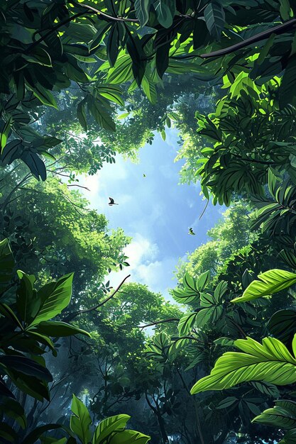 una pieza que artísticamente representa un dosel de la selva tropical desde abajo mirando hacia el cielo