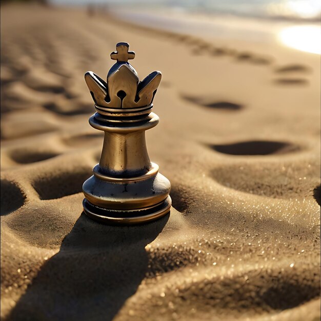 pieza de reina de ajedrez en la playa de arena generada por la IA