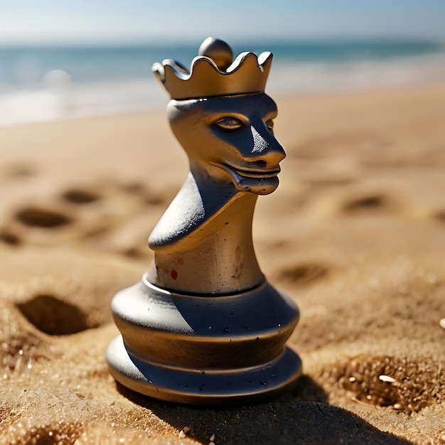 pieza de reina de ajedrez en la playa de arena generada por la IA