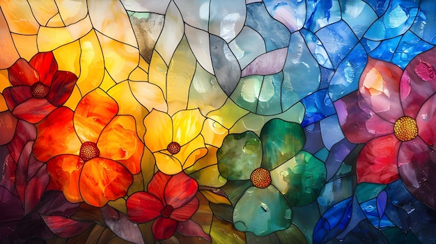 una pieza de vidrio de colores con un diseño de flor en el centro