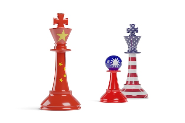 Piezas de ajedrez con las banderas de China Taiwán y EE.UU. Ilustración 3d