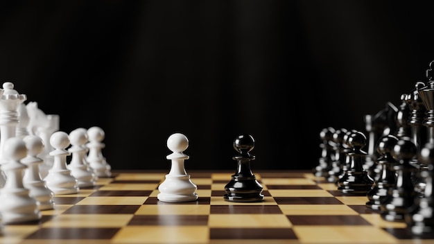 Piezas de ajedrez en blanco y negro en una ilustración de representación 3D de tablero de ajedrez