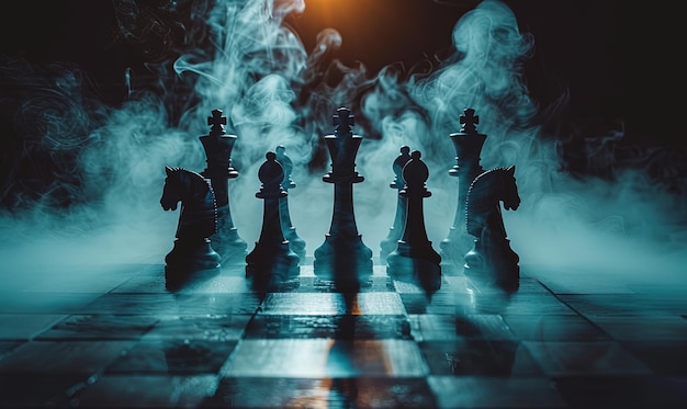Piezas de ajedrez en fondo oscuro con humo