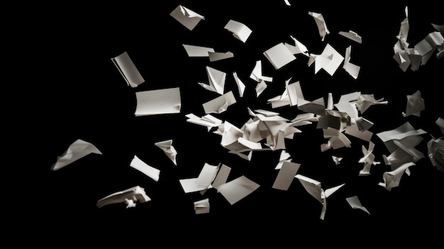 Piezas de basura de papel volando en el aire con fondo negro sólido