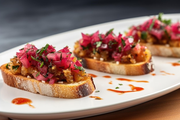 Piezas de bruschetta con remolacha y cebollas en escabeche en un plato