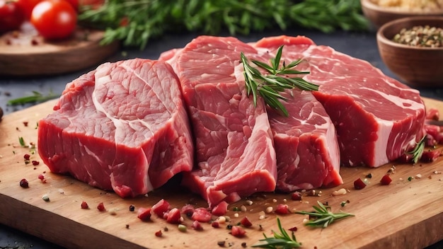 Piezas de carne de filete crudo en una tabla de cortar aisladas sobre un fondo blanco