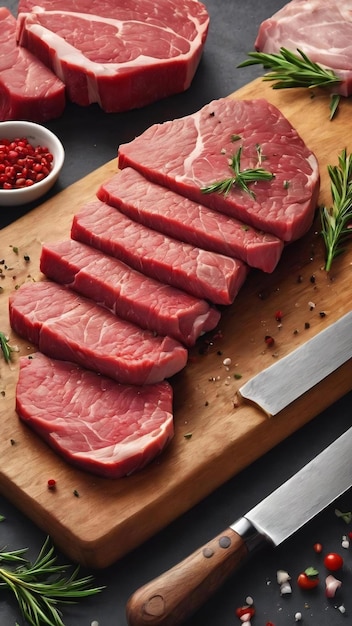 Piezas de carne de filete crudo en una tabla de cortar aisladas sobre un fondo blanco