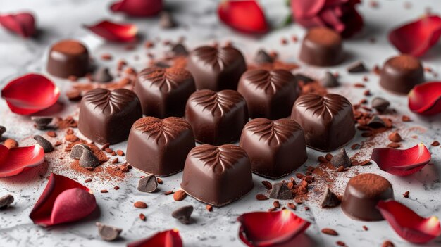 Foto piezas de chocolate en forma de corazón con pétalos de rosa esparcidos concepto romántico perfecto para el día de san valentín