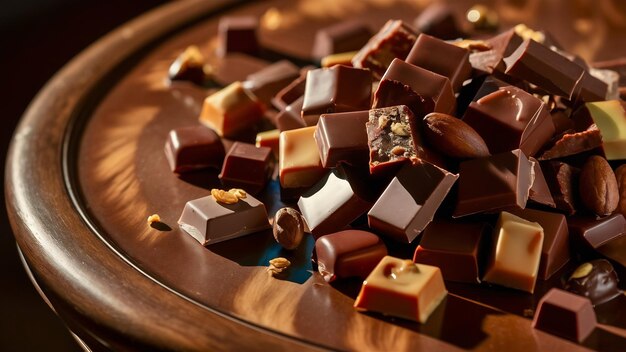 Piezas de chocolate en una mesa de madera