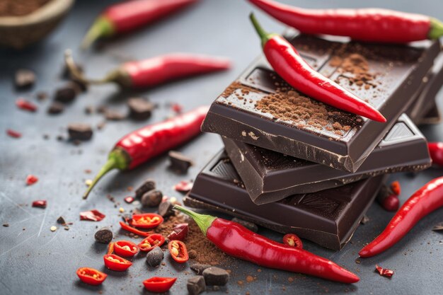 Piezas de chocolate con pimienta roja trozos de barra de chocolate oscuro roto IA generativa