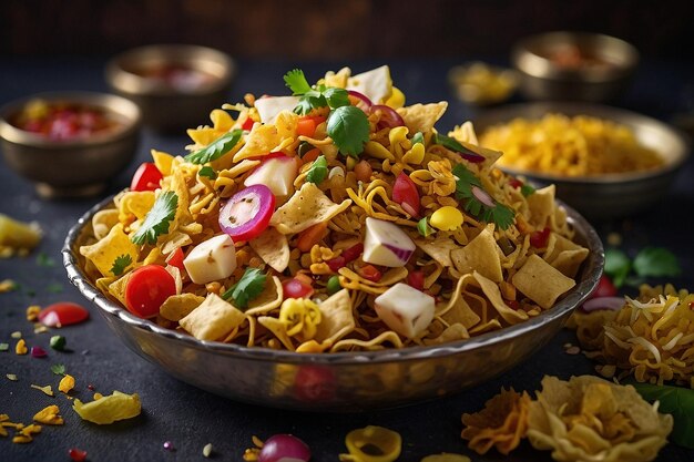 Foto las piezas crujientes de papdi adornan bhel puri