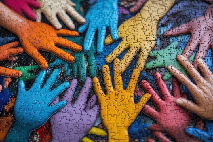 Las piezas entrelazadas del rompecabezas que forman manos coloridas simbolizan la unidad, el trabajo en equipo y la colaboración