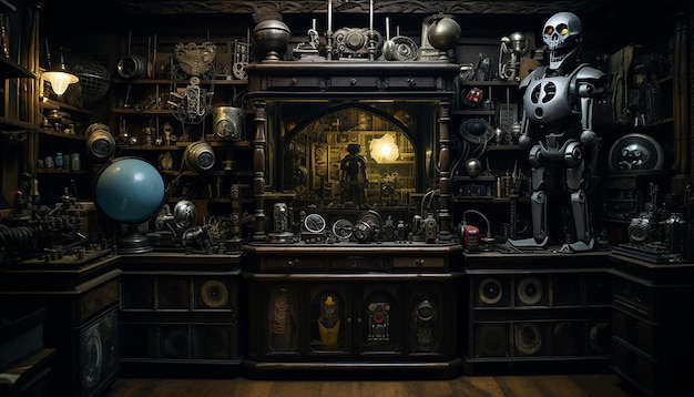 Piezas de especímenes de robots en un gabinete de curiosidades del siglo XVI