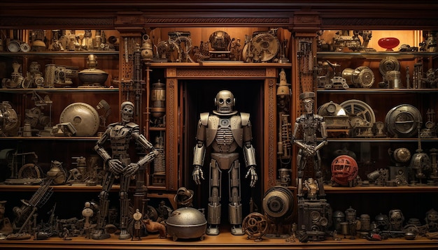 Piezas de especímenes de robots en un gabinete de curiosidades del siglo XVI