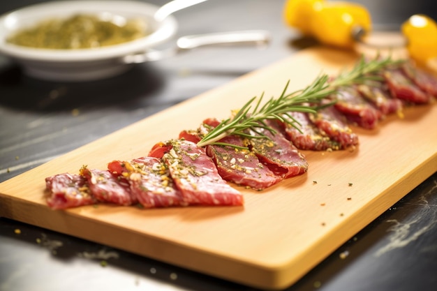 Piezas gruesas de salame en una tabla de pizarra con mostaza de grano entero