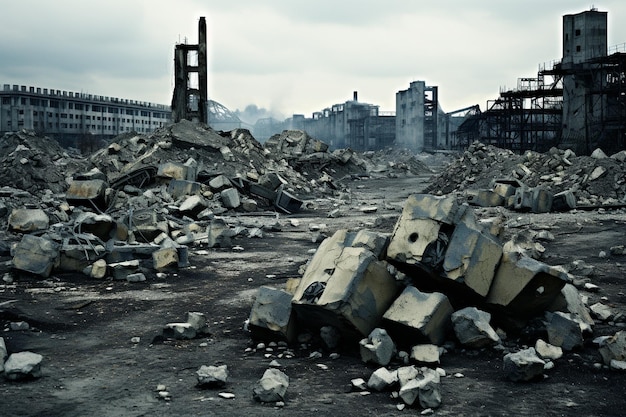 Piezas de hormigón y piedras de edificios industriales destruidos en un sitio abandonado