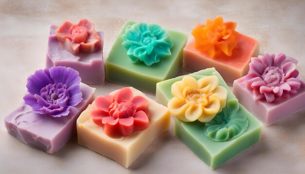 Piezas de jabón de flores de colores