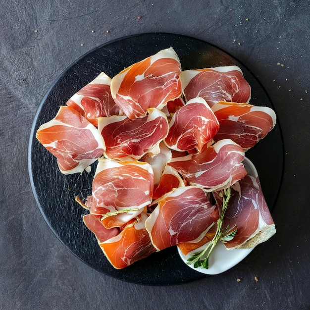 Foto piezas de jamón de cerdo seco en una tabla negra