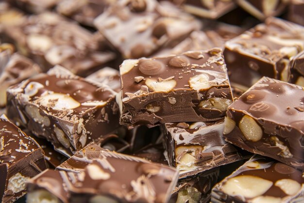 Piezas de leche triturada o barra de chocolate oscuro con nueces