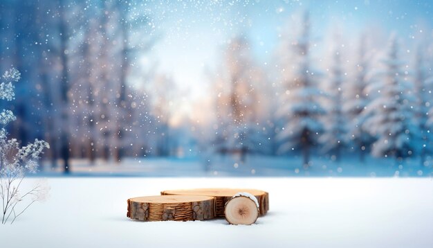 Piezas de madera que adornan el paisaje del bosque de invierno nevado