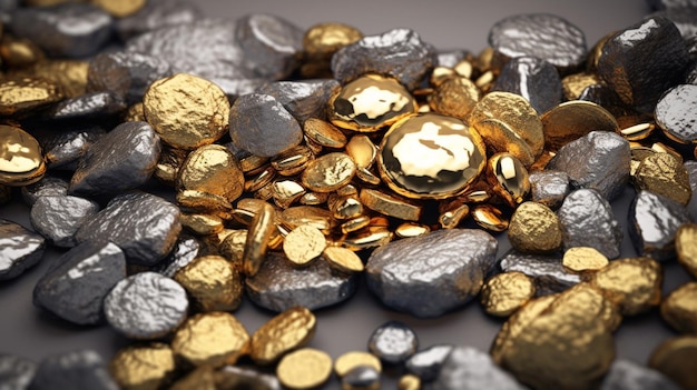 Foto piezas de oro y plata están esparcidas sobre una mesa.